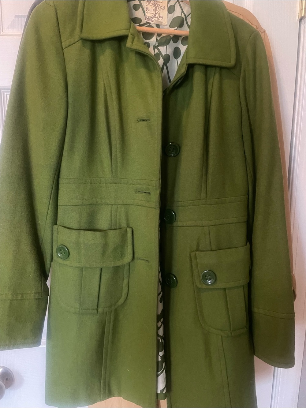 Tulle Olive Green Wool Pea Coat with Button Front